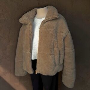 Alo Sherpa Snow Angel Puffer Faux Fur Jacket Camel Tan